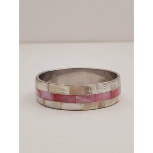 Vintage Art Deco Style Silver Tone Genuine Mother of Pearl Pink Round Bracelet